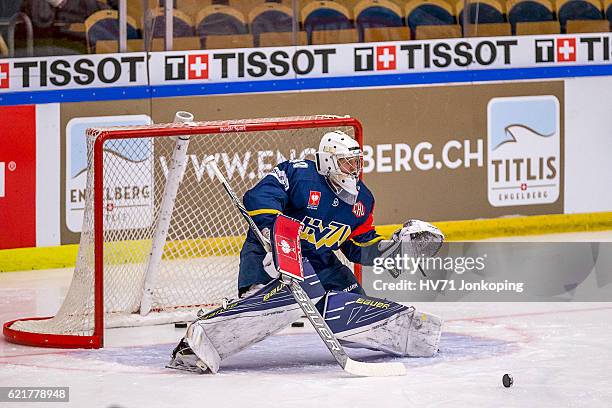 Linus Soderstrom goaltender of HV71 during warm-up before the Champions Hockey League Round of 16 match between HV71 Jonkoping and Sparta Prague at...