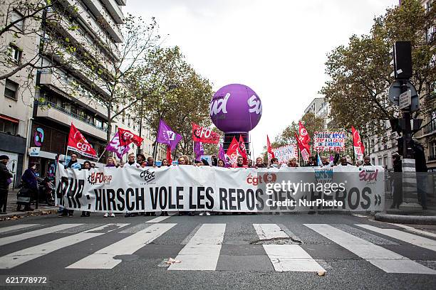 Demonstrators holding a banners reading APHP : Hirsch steal the heroes s rest during an Hospital staff demonstration against the &quot;deterioration...