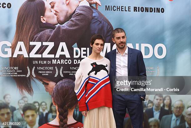 Michele Riondino and Sara Serraiocco attend a photocall for 'La Ragazza Del Mondo' on November 8, 2016 in Rome, Italy.