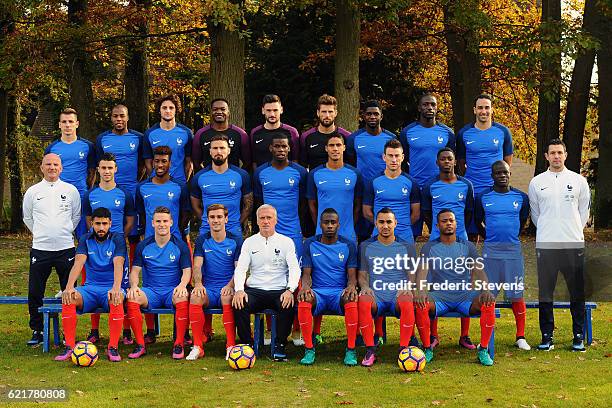 France's national football team members pose during the official presentation 2016-2017 pictures at the french training center. Back Row defender...