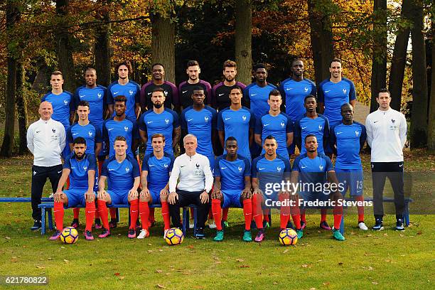 France's national football team members pose during the official presentation 2016-2017 pictures at the french training center. Back Row defender...