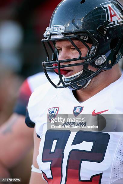 Jack Banda of the Arizona Wildcats looks on prior to the game against the Washington State Cougars at Martin Stadium on November 5, 2016 in Pullman,...