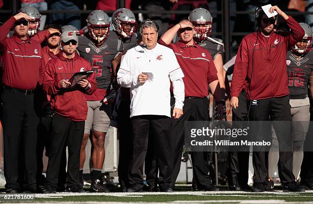 Head coach Mike Leach of the Washington State Cougars looks on from the sidelines during the game against the Arizona Wildcats at Martin Stadium on...