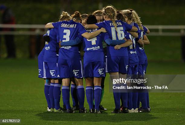 Team-mates huddle for Birmingham during the WSL1 match between Sunderland Ladies and Birminghamon City Ladies at The Hetton Centre on November 6,...