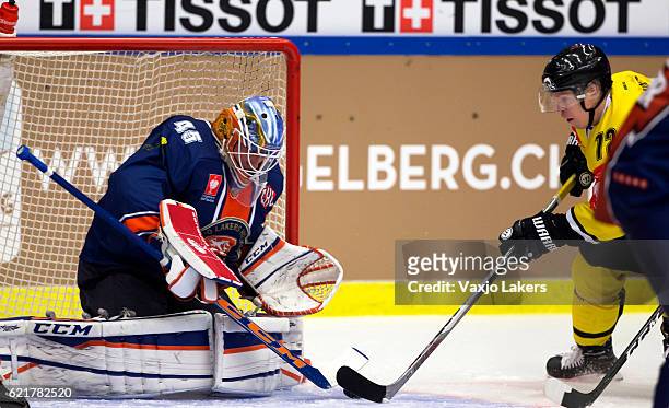Viktor Andren Goaltender of Vaxjo Lakers makes a save during the Champions Hockey League Round of 16 match between Vaxjo Lakers and SaiPa...