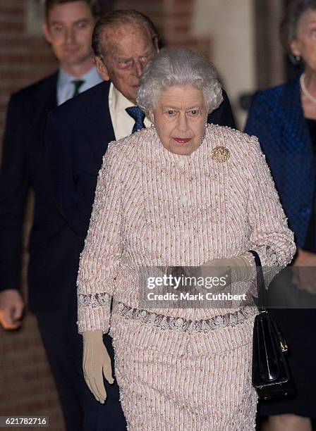 Queen Elizabeth II and Prince Philip, Duke of Edinburgh attend a Co-Operation Ireland Reception at Crosby Hall on November 8, 2016 in London,...