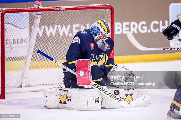 Fredrik Pettersson-Wentzel goaltender of HV71 making a save during the Champions Hockey League Round of 16 match between HV71 Jonkoping and Sparta...