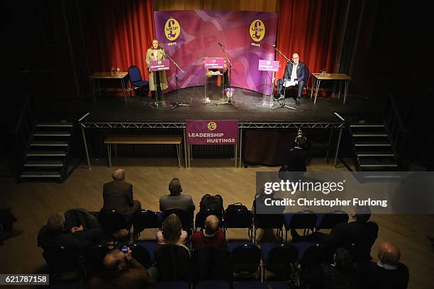 Chairman Paul Oakden hosts the UKIP leadership hustings with Suzanne Evans and Paul Nuttall at the Guisleley Theatre during the UKIP leadership...