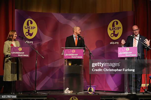 Chairman Paul Oakden hosts the UKIP leadership hustings with Suzanne Evans and Paul Nuttall at the Guisleley Theatre during the UKIP leadership...