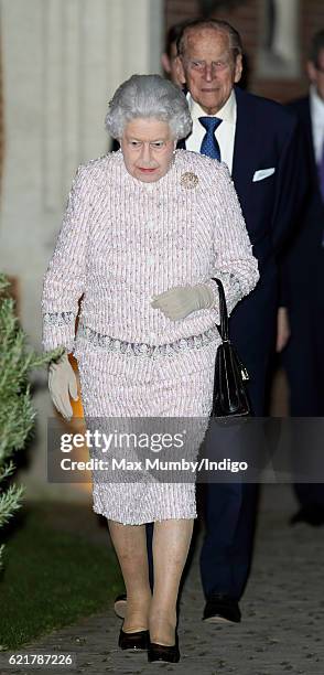 Queen Elizabeth II and Prince Philip, Duke of Edinburgh attend a Co-Operation Ireland Reception at Crosby Hall on November 8, 2016 in London,...