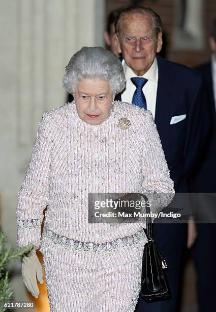 Queen Elizabeth II and Prince Philip, Duke of Edinburgh attend a Co-Operation Ireland Reception at Crosby Hall on November 8, 2016 in London,...