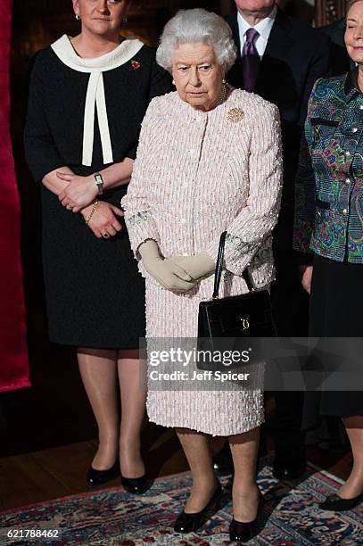 Queen Elizabeth II attends a Co-Operation Ireland Reception at Crosby Hall on November 8, 2016 in London, England. During the reception The Queen...