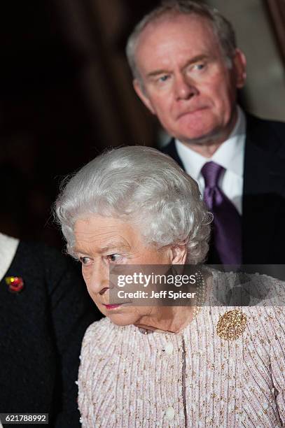 Queen Elizabeth II and Martin McGuinness attend a Co-Operation Ireland Reception at Crosby Hall on November 8, 2016 in London, England. During the...