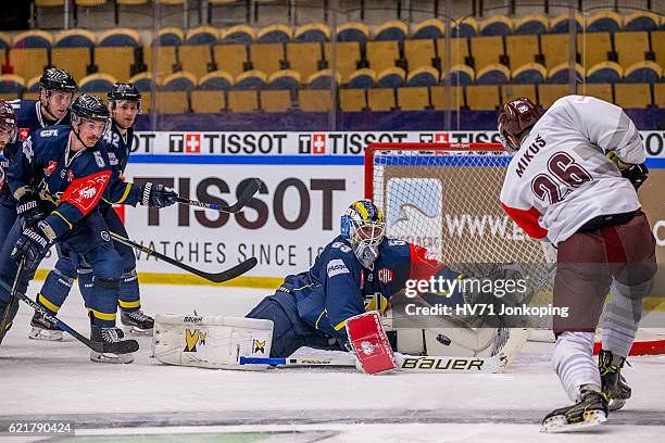 Fredrik Pettersson-Wentzel goaltender of HV71stretches out but has no chance when Juraj Mikus of Sparta Prague scores during the Champions Hockey...