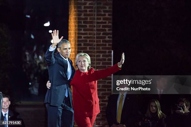 Hillary Clinton stands with President Barack Obama during an election eve rally on November 7, 2016 in Philadelphia, Pennsylvania. As the historic...