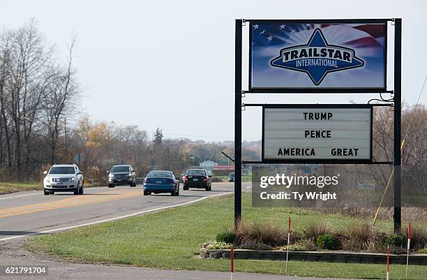 Business marque, supporting Donald Trump and Mike Pence, is displayed along State Route on November 8, 2016 in Columbiana County, Ohio. This year,...