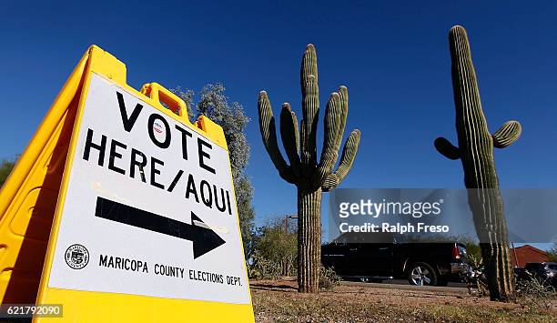 Maricopa County Elections Department sign directs voters to a polling station on November 8, 2016 in Cave Creek, Arizona. Throughout the country,...