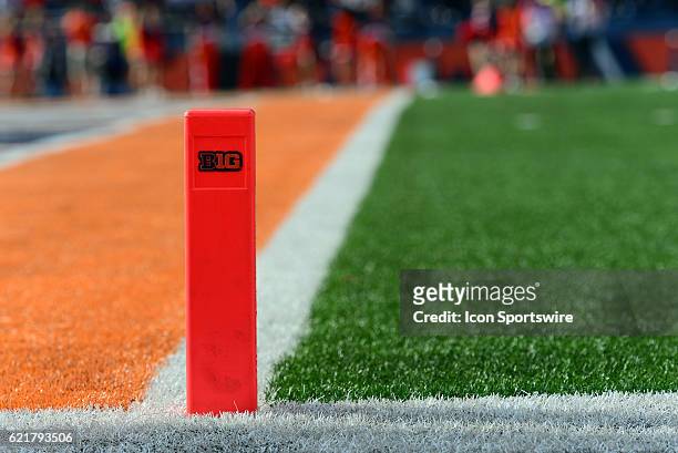 The end zone pylon displays the Big Ten logo during the Big Ten Conference game between the Michigan State Spartans and the Illinois Fighting Illini...
