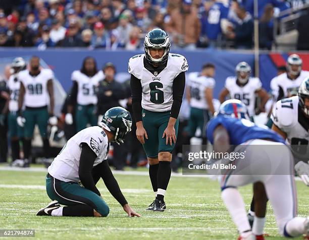 Caleb Sturgis of the Philadelphia Eagles in action against the New York Giants during their game at MetLife Stadium on November 6, 2016 in East...