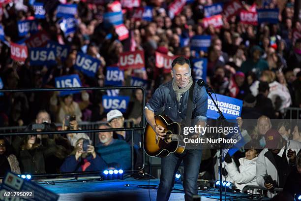 Musician Bruce Springsteen performs at an election eve rally for Democratic presidential nominee former Secretary of State Hillary Clinton on...