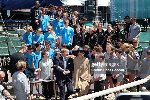 King Willem-Alexander and Queen Maxima of The Netherlands pose with staff and students on their visit to the Spirit of New Zealand Youth Training...