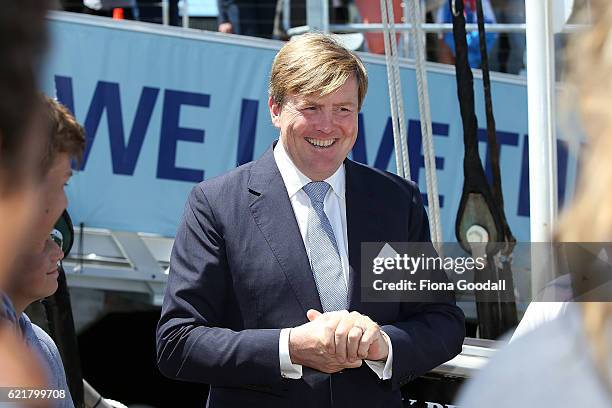 King Willem-Alexander of The Netherlands speaks to sudents on his visit to the Spirit of New Zealand Youth Training Vessel at Princes Wharf on...