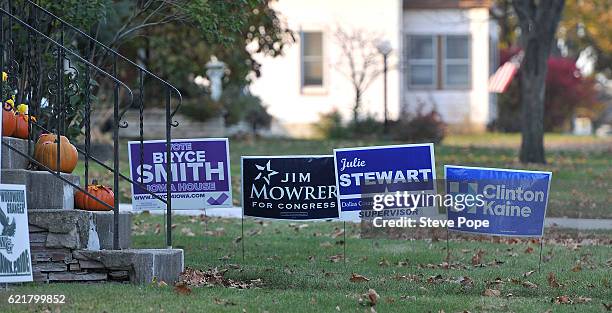 Election signs dot the countryside across Iowa on November 8, 2016 near Grimes, Iowa. Americans today will choose between Republican presidential...