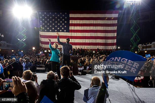 Democratic presidential nominee Hillary Clinton attends a rally with basketball star LeBron James on November 6, 2016 in Cleveland, Ohio.