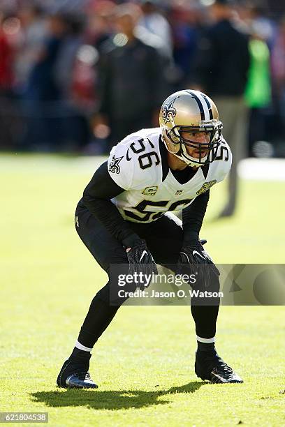 Outside linebacker Michael Mauti of the New Orleans Saints warms up before the game against the San Francisco 49ers at Levi's Stadium on November 6,...