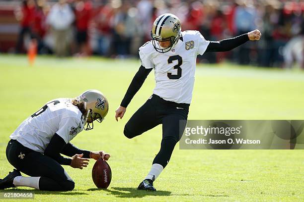 Kicker Wil Lutz of the New Orleans Saints warms up before the game against the San Francisco 49ers at Levi's Stadium on November 6, 2016 in Santa...
