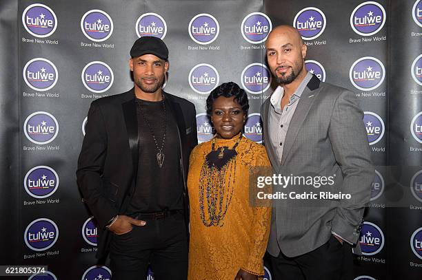 Boris Kodjoe, Dentaa Amoateng and Patrick Kodjoe attend the Global launch of Tulwe Music App at Dubai Marina on November 04, 2016 in Dubai, United...