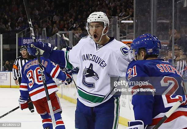 Sven Baertschi of the Vancouver Canucks celebrates his goal at 13:08 of the third period against the New York Rangers at Madison Square Garden on...