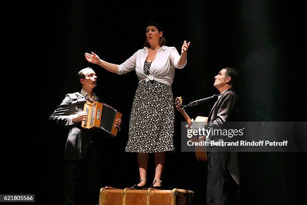 Members of "Les Epis Noirs", Pierre Lericq, Manon Andersen and Lionel Sautet perform in the show "Flon Flon" during Louis-Michel Colla, the Director...