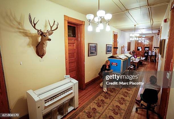 Voters fill out their ballots in the hallway at the Gilpin County Clerk and Recorders Office under a mounted mule deer on November 8, 2016 in Central...