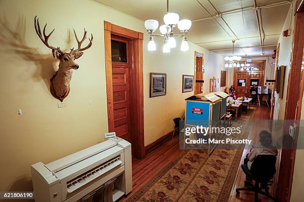 Voters fill out their ballots in the hallway at the Gilpin County Clerk and Recorders Office under a mounted mule deer on November 8, 2016 in Central...