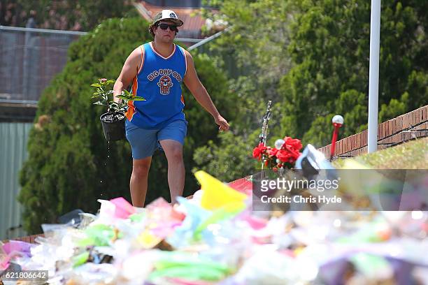 Michael Bemrose from the Gold Coast places a plant at the memorial site out the front of Dreamworld on November 9, 2016 in Gold Coast, Australia. The...