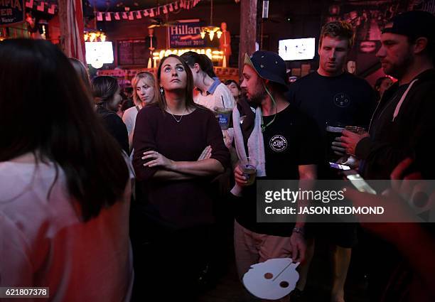 Supporters of Democratic presidential candidate Hillary Clinton watch televised coverage of the US presidential election at the Comet Tavern in the...