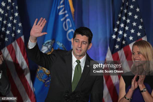 With his wife Janna by his side Speaker of the U.S. House of Representatives Paul Ryan speaks to supporters at an election-night rally on November 8,...