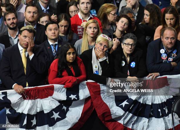 Supporter of Democratic presidential nominee Hillary Clinton react to television reports during election night at the Jacob K. Javits Convention...