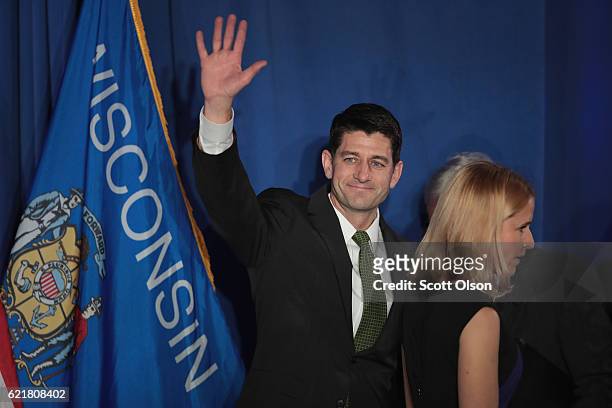 With his wife Janna by his side Speaker of the U.S. House of Representatives Paul Ryan greets supporters at an election-night rally on November 8,...