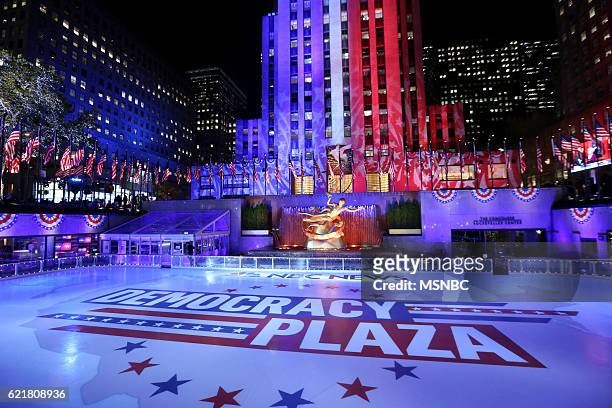 Election Night 2016 -- Pictured: Democracy Plaza on Tuesday, November 8, 2016 from New York --