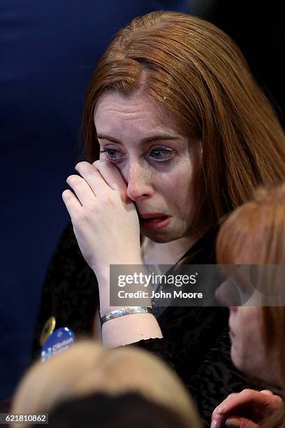 Woman reacts to the voting results at Democratic presidential nominee former Secretary of State Hillary Clinton's election night event at the Jacob...