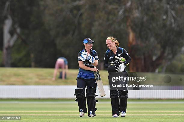 Katey Martin and Samantha Curtis of New Zealand celebrate their win in the Women's One Day International match between the New Zealand White Ferns...