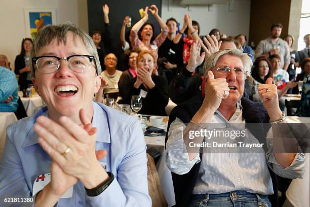 Democrat voters react as their candidate Hillary Clinton takes the lead in the electoral college during a 'Democrats Abroad' event in Melbourne on...