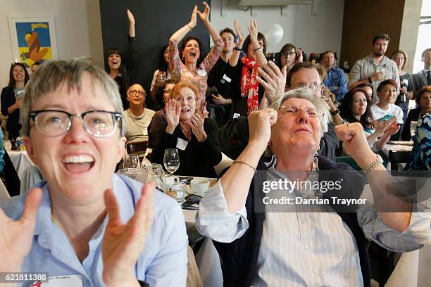 Democrat voters react as their candidate Hillary Clinton takes the lead in the electoral college during a 'Democrats Abroad' event in Melbourne on...