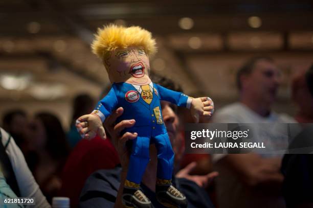 Supporter of Republican presidential candidate Donald Trump holds up a Trump doll during an election night party at a hotel in downtown Phoenix,...