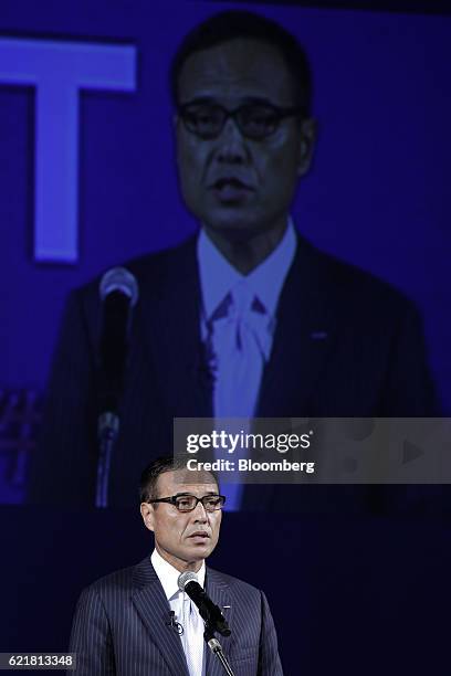 Takeshi Niinami, president and chief executive officer of Suntory Holdings Ltd., speaks during the 18th Nikkei Global Management Forum in Tokyo,...