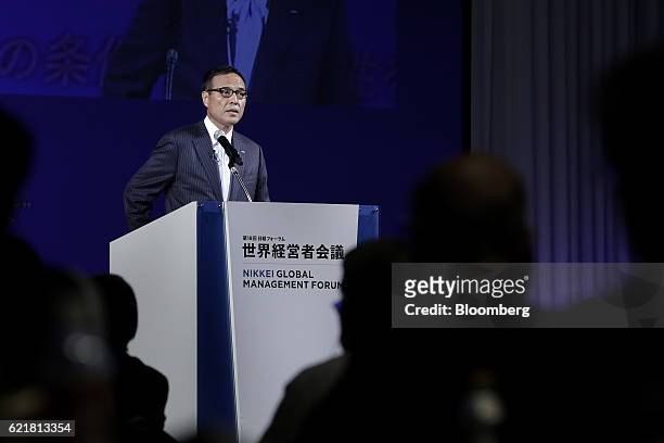 Takeshi Niinami, president and chief executive officer of Suntory Holdings Ltd., speaks during the 18th Nikkei Global Management Forum in Tokyo,...