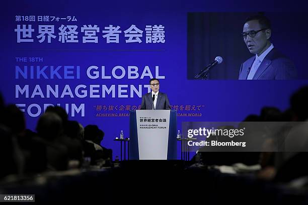 Takeshi Niinami, president and chief executive officer of Suntory Holdings Ltd., speaks during the 18th Nikkei Global Management Forum in Tokyo,...