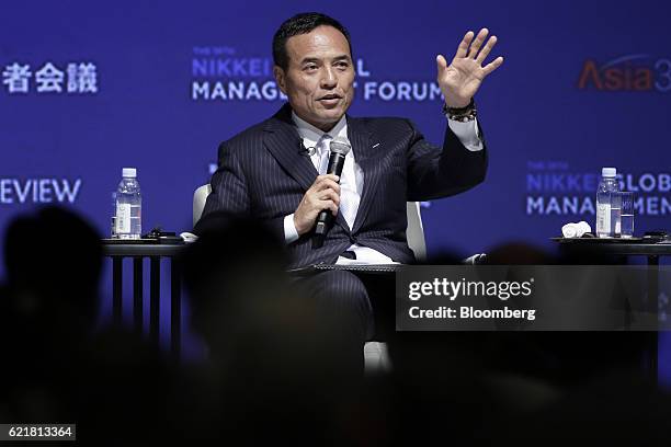 Takeshi Niinami, president and chief executive officer of Suntory Holdings Ltd., speaks during the 18th Nikkei Global Management Forum in Tokyo,...